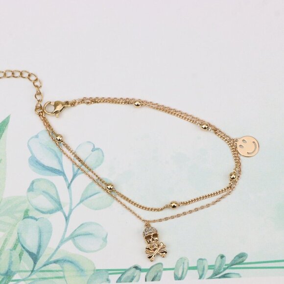 Rose Gold Double Layer Skull Bracelet with Crystal Accents, XPBL0674 - Picture 3 of 12